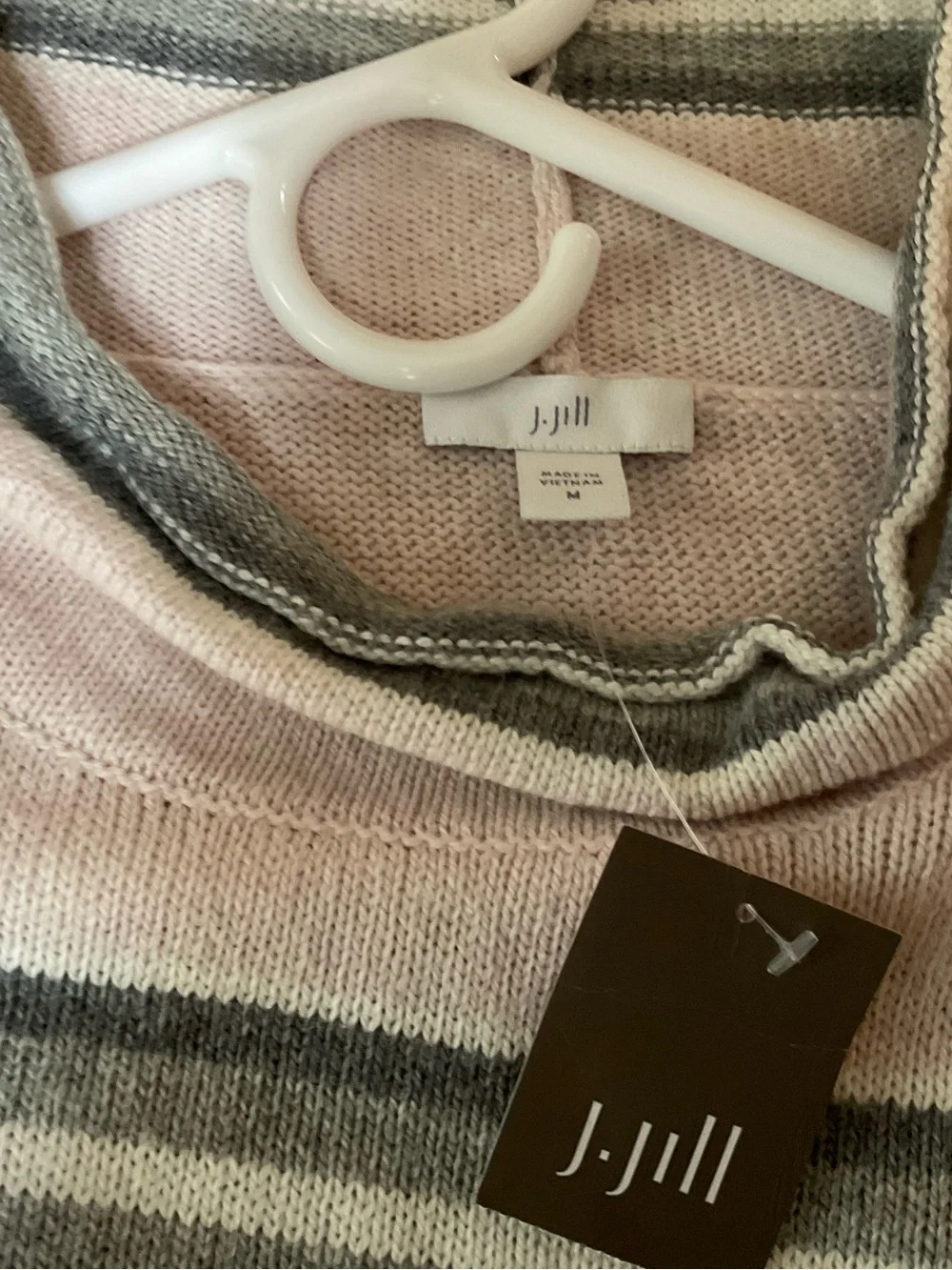 J. Jill Pink and Gray Striped Cowl Neck Sweater
